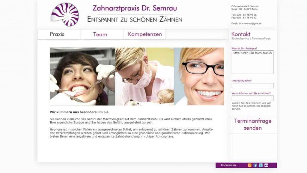 Startseite einer Zahnarztpraxis-Website mit Terminanfrage