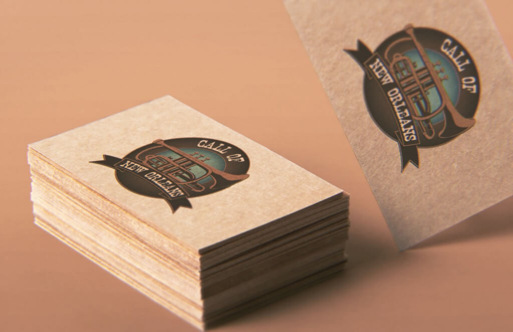 Logo Call of New Orleans mit Trompeten-Emblem auf Visitenkarten