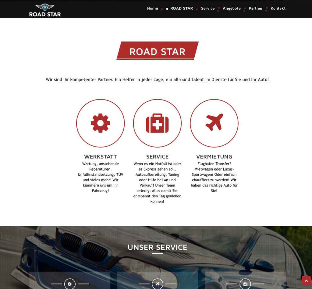 Startseite einer Kfz-Website mit Werkstatt, Service und Vermietung