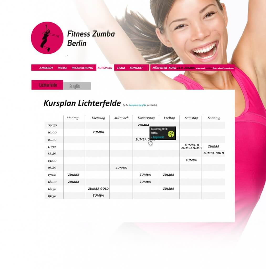 Startseite einer Fitnessstudio-Website mit Kursplan
