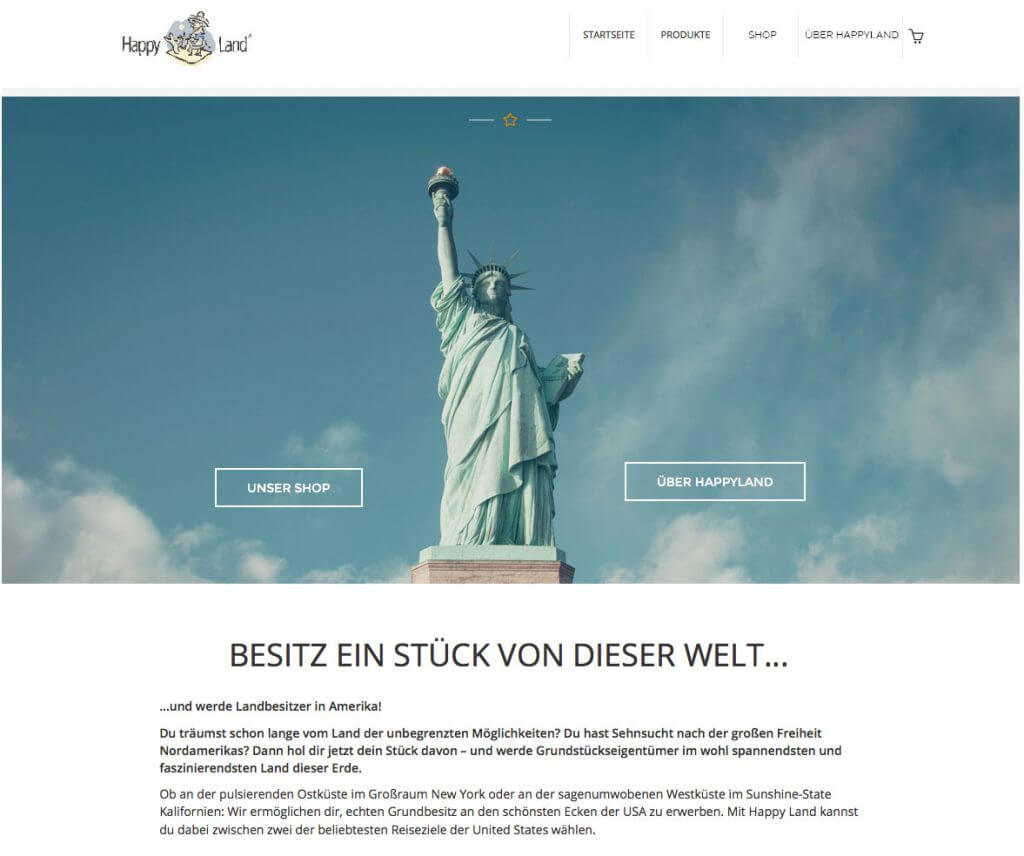 Startseite des Happy-Land-Onlineshops mit Freiheitsstatue-Motiv