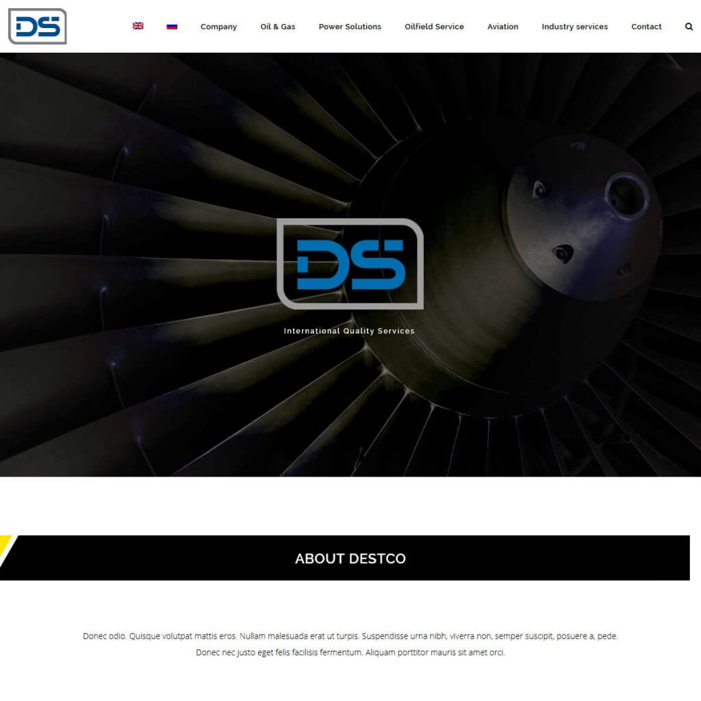 Startseite von DESTCO mit Turbinen-Motiv und DS-Logo